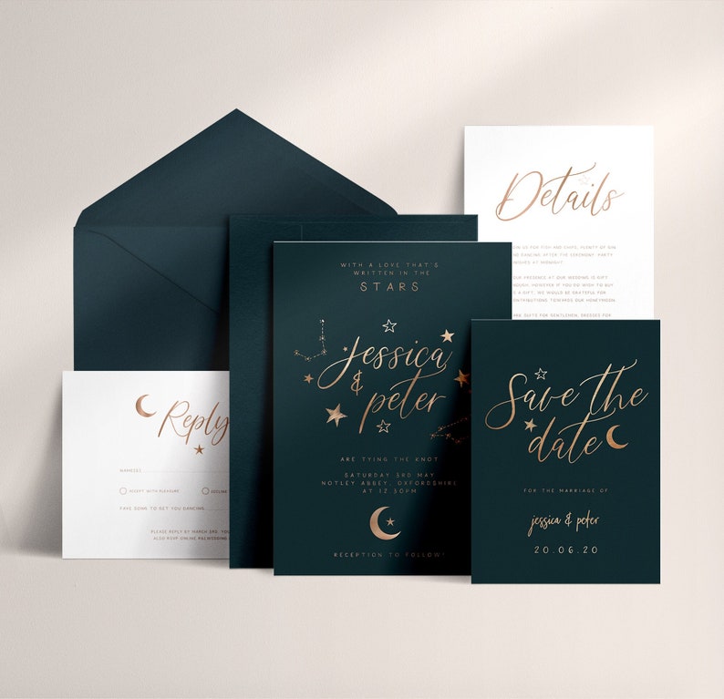 3-piece Celestial Wedding Invitation Suite Sample, Moon & Stars, Rose Gold Foil, Constellation Invite, Starry Night Wedding Wedding Sample image 1