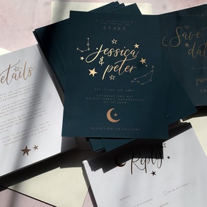 3-piece Celestial Wedding Invitation Suite Sample, Moon & Stars, Rose Gold Foil, Constellation Invite, Starry Night Wedding Wedding Sample image 3