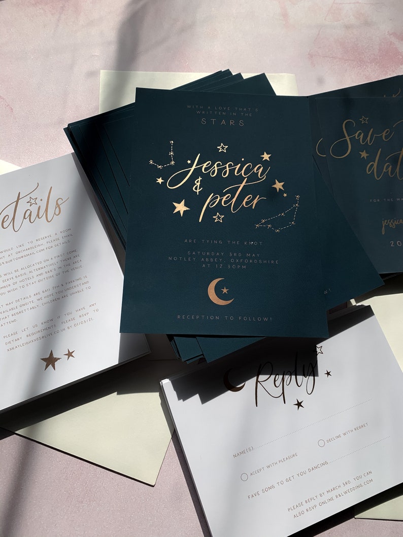 3-piece Celestial Wedding Invitation Suite Sample, Moon & Stars, Rose Gold Foil, Constellation Invite, Starry Night Wedding Wedding Sample image 3