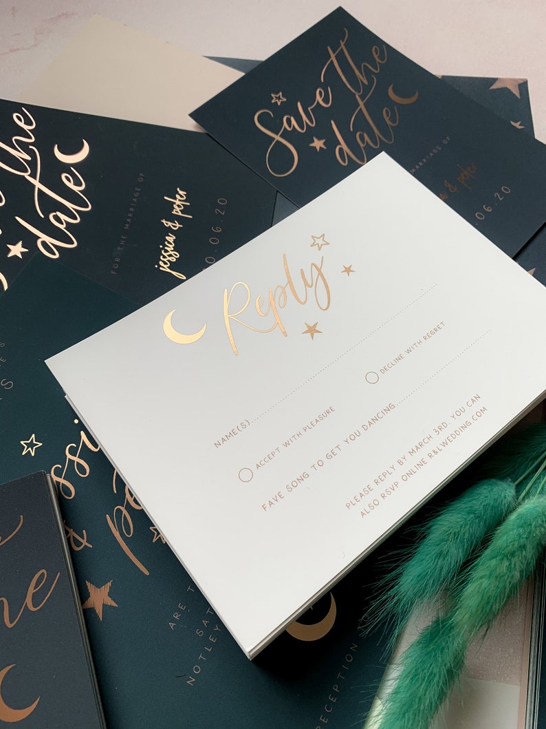 3-piece Celestial Wedding Invitation Suite Sample, Moon & Stars, Rose Gold Foil, Constellation Invite, Starry Night Wedding Wedding Sample image 2