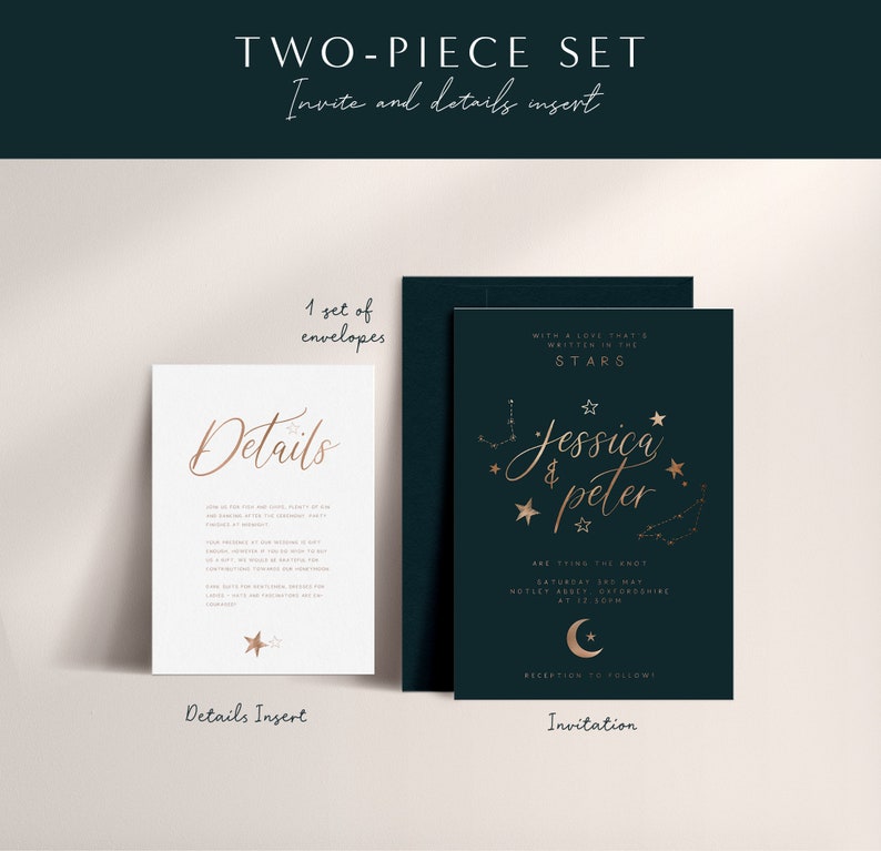 3-piece Celestial Wedding Invitation Suite Sample, Moon & Stars, Rose Gold Foil, Constellation Invite, Starry Night Wedding Wedding Sample image 6