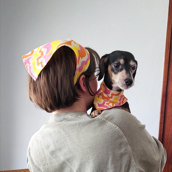 Personalized Matching Dog and Owner Bandana Set, Retro Patterned Hair Bandana, Dog Lover Gifts, Vintage Aesthetic, Groovy Fabric