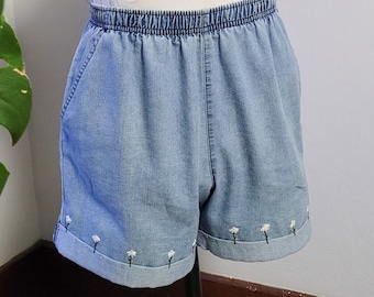 Short élastique pour femme brodé à la main recyclé, motif marguerite, cadeaux uniques pour elle