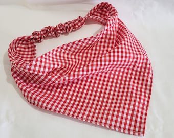Red & White Gingham Elastic Hair Bandana, Cottagecore Head Scarf