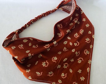 Burnt Orange Leaf Print Elastic Headband, Cottagecore Triangle Bandana