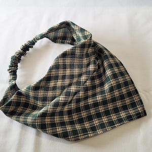 Green and Tan Plaid Elastic Hair Bandana, Gifts for Her, Stocking Stuffers for Women, Triangle Head Scarf, Cottagecore Hair Accessories