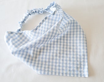 Blue Gingham Elastic Hair Bandana, Gifts for Her, Stocking Stuffers for Women, Triangle Head Scarf, Hair Accessories