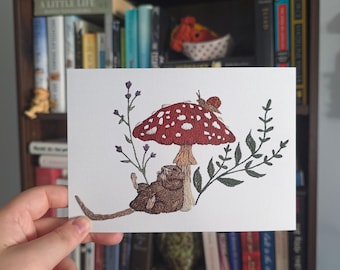 Mushroom and Chunky Rat Print, Hand Embroidery Art Print