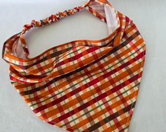 Autumn Plaid Print Elastic Headband, Cottagecore Triangle Bandana