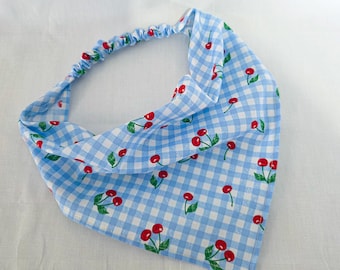 Haarbandana blauw ginghamkersen, elastische hoofdsjaal, Cottagecore