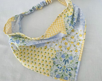 Yellow Floral Patchwork Print Triangle Hair Bandana, Elastic Head Scarf
