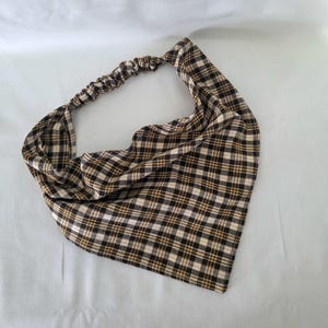 Brown and Tan Plaid Elastic Hair Bandana, Gifts for Her, Stocking Stuffers for Women, Triangle Head Scarf, Cottagecore Hair Accessories