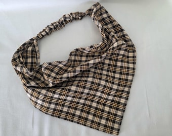 Brown and Tan Plaid Elastic Hair Bandana, Gifts for Her, Stocking Stuffers for Women, Triangle Head Scarf, Cottagecore Hair Accessories