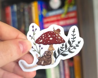 Hand Embroidered Mouse & Mushroom Vinyl Sticker, Rat Sticker