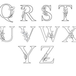 May include: Black and white line art illustration of the alphabet letters Q through Z with floral accents.