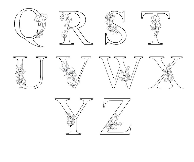 May include: Black and white line art illustration of the alphabet letters Q through Z with floral accents.
