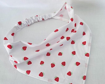 Strawberry Print Hair Bandana, Elastic Head Scarf, Cottagecore