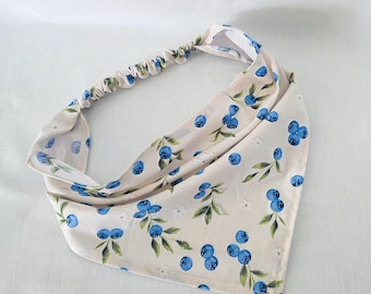 Blueberry Print Hair Bandana, Elastic Head Scarf, Cottagecore