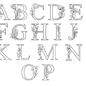May include: Black and white line art illustration of the alphabet with floral embellishments. Each letter is surrounded by leaves and flowers.