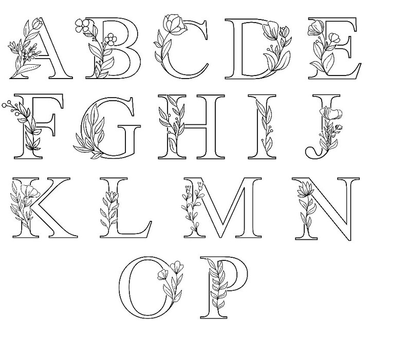 May include: Black and white line art illustration of the alphabet with floral embellishments. Each letter is surrounded by leaves and flowers.