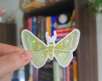 Hand Embroidered Emerald Moth Vinyl Sticker, Stumpwork Embroidery