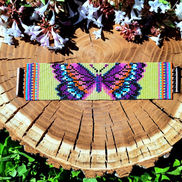 Shiny Butterfly Native American Style Multicolor Hand-sewn Beaded Wide Cuff Bracelet, Boho Chic Woven Seed Bead Jewelry, Unique Gift Women