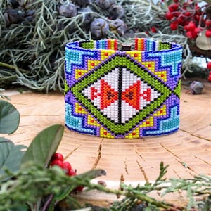 Tribal Native Style Men&#39;s Wide Beaded Loomed Cuff Bracelet, Multicolor Handwoven Ethnic Ancestral Seed Bead Jewelry, Unique Gift For Him