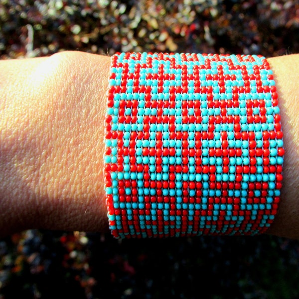 Red & Blue Geometric Wide Hand-woven Seed Beaded Men's Women's Cuff Bracelet, Native Style Abstract Ethnic Bohemian Unisex Tribal Jewelry