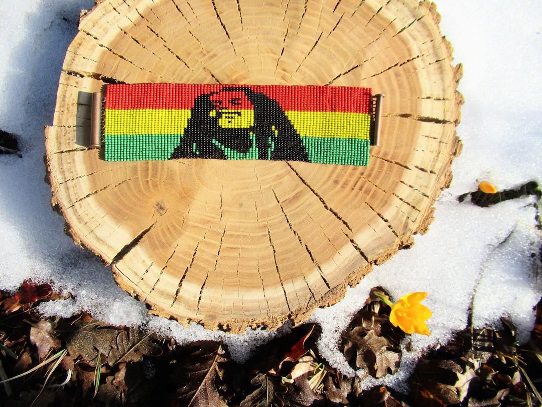 Legend of Bob Marley Rasta Pixelart Handwoven Beaded Cuff
