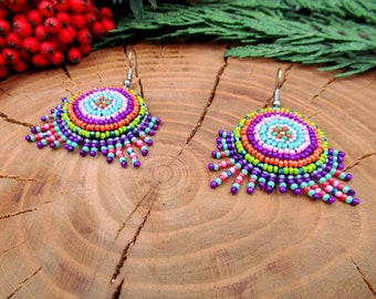 Bollywood Style Happy Multicolor Hand-Stitched Bead Embroidery Dangle Earrings, Indian Joy Bohemian Ethnic Beaded Jewelry, Unique Gift Women