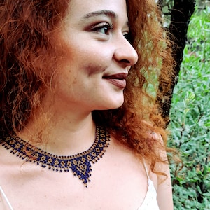 Indigo and Gold Divine Goddess Seed Bead Netted Chocker Collar Necklace, Native Tribal Style Beaded Huichol Jewelry, Unique Gift for Women