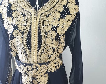 Navy blue 3 piece Moroccan Algerian caftan with gold detail and belt