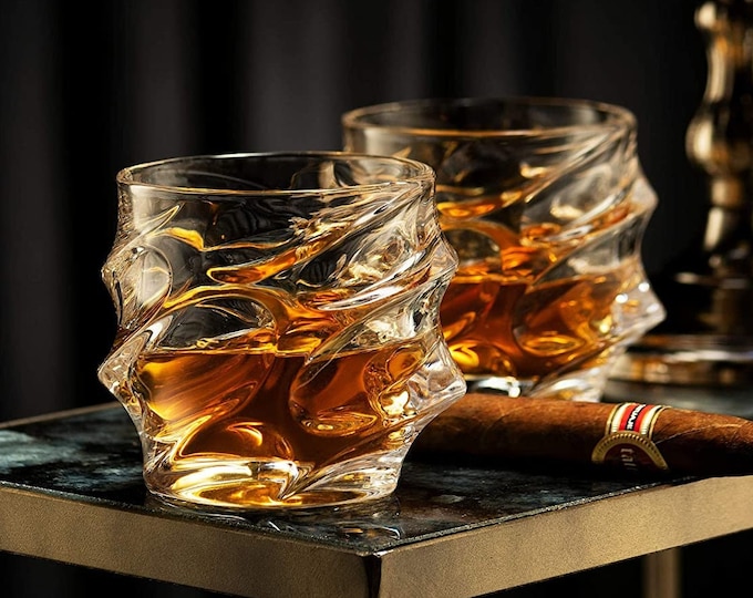 Vintage Style Thick Heavy "Get a Grip" Set of 2 10.5 oz Double Old Fashioned Lowball Whiskey Craft Cocktail Bar Glasses Mid Century Modern