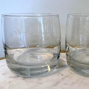 Vintage Collectible Set of 2 Jack Daniels Distillery Master Distiller 1964-1966 Etched Signed Tennessee Whiskey Tumblers Rocks Glasses
