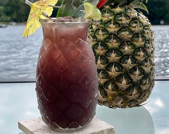 Vintage Style Set of TWO 17 oz Tropical Textured PINEAPPLE Glass Craft Cocktail Drink Bar Summer Glasses Fruity Mai Tai Rum Punch New