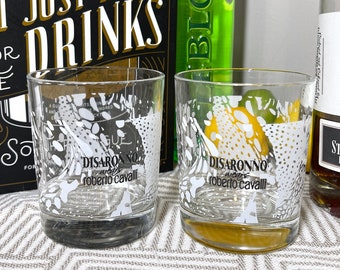Beautiful Disaronno Wears Roberto Cavalli Etched Tumblers Set 2 Vintage Glasses Whiskey Scotch Rocks Double Old Fashioned Barware Man Cave