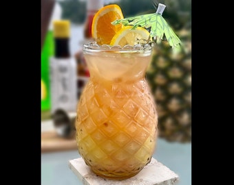 Vintage Style Set of 2 Large Craft Cocktail Tiki 20 oz Tropical Textured PINEAPPLE Glass Drink Bar Summer Glasses Fruity Mai Tai Rum Punch