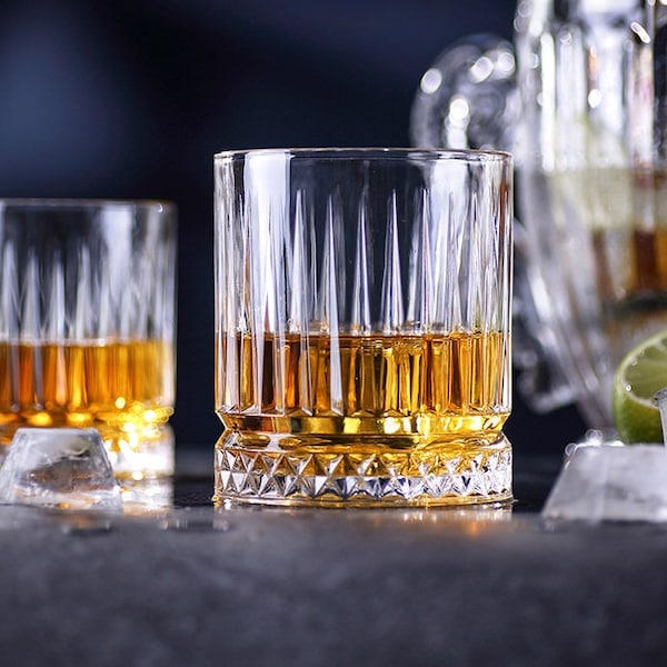Vintage Style Faceted Heavy Minimalist Set of 2 Rocks Double Old Fashioned 12 oz Whiskey Cocktail Bar Glasses Mid Century Modern