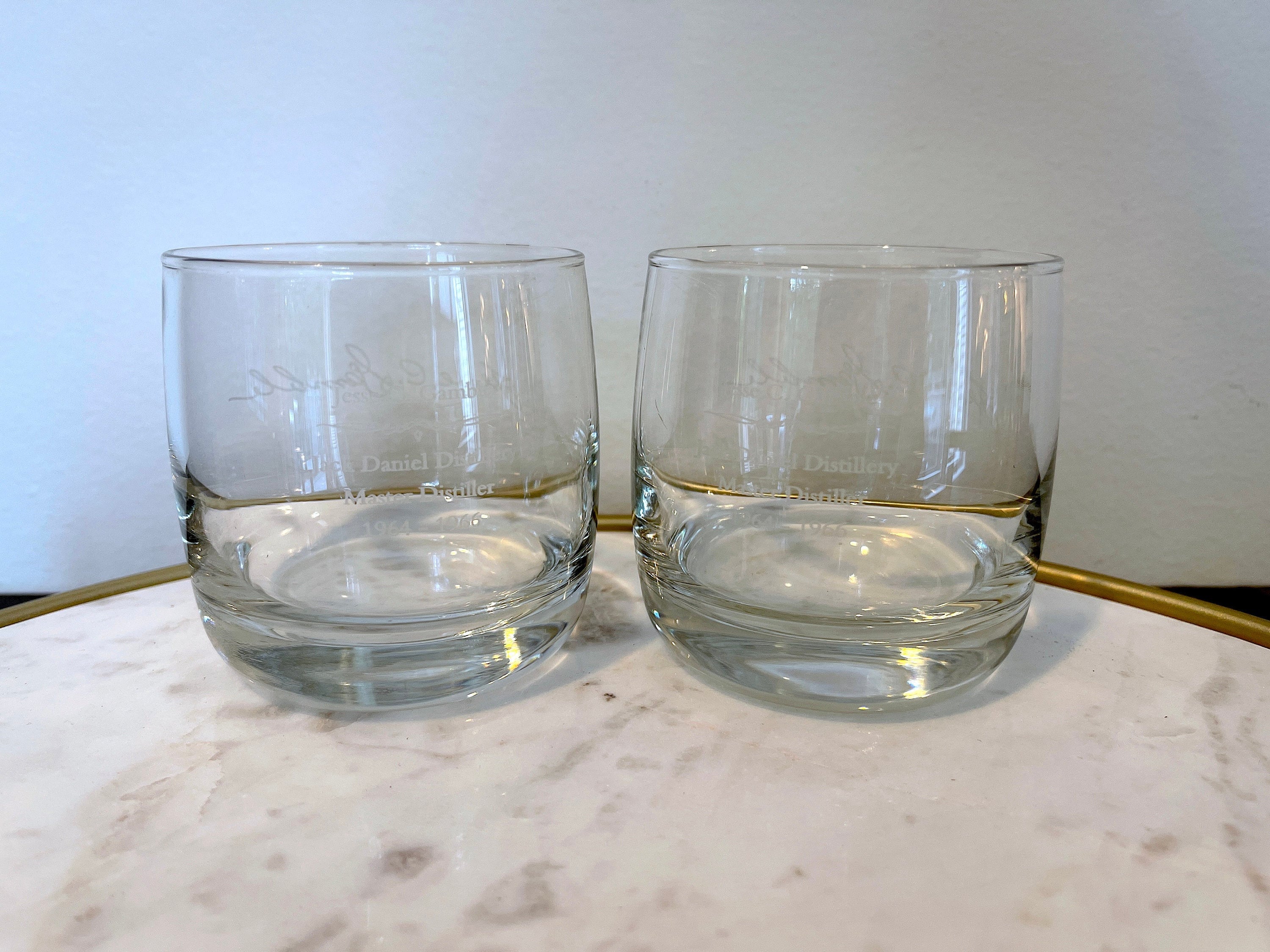 Vintage Collectible Set of 2 Jack Daniels Distillery Master Distiller  1964-1966 Etched Signed Tennessee Whiskey Tumblers Rocks Glasses 