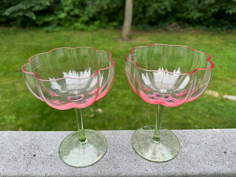 May include: Two clear glass stemmed drinking glasses with a pink rim. The glasses have a scalloped edge and a wide bowl.