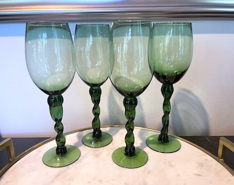 Vintage Green Twisted Stem Set of 4 Tall Red White Wine or Champagne Glasses Super Classy Fun & Unique Barware Art Deco Cocktail Glass
