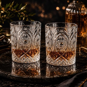 Vintage Style Extravagant Intricate Boho Floral Design Detailed Heavy Set of 2 Rocks Double Old Fashioned 10 oz Whiskey Cocktail Bar Glasses