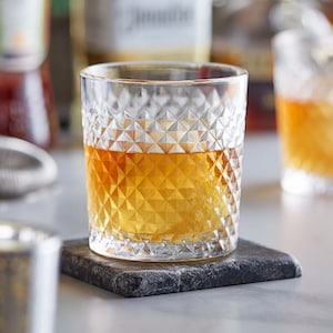 Vintage Style Crosshatch Set of 2 Double Rocks Old Fashioned Lowball 11 oz Whiskey Craft Cocktail Bar Glasses Mid Century Modern Man Cave