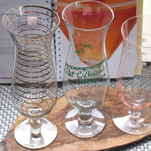 Vintage 3 Glasses Pat OBrians Gold Stripe and Geometric Retro Mai Tai Hurricane Cocktail Nostalgia FUN Bar Assorted Set Rum