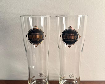 Guiness Blonde Set of 2 Tall Glass American Lager Beer Bar Pint Glasses, Gold & Black Logo Bar Barware