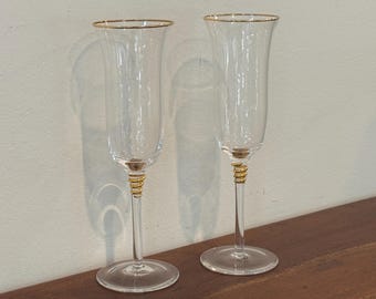 Gorgeous Gold Rim & Accents Champagne Flute Glasses Set of 2 Vintage Unique and Elegant Classic Toasting Flutes