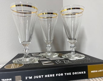 Vintage Metallic Gold Band Stripe Craft Cocktail Glasses Set of 3 Glass Mid Century Modern MCM Retro Barware Bohemian Eclectic Champagne