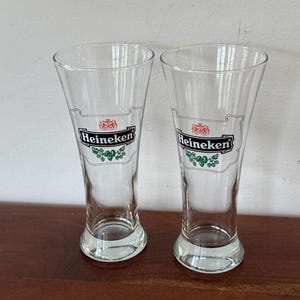 2 Tall Heineken Flared Logo Beer Glasses Vintage Barware
