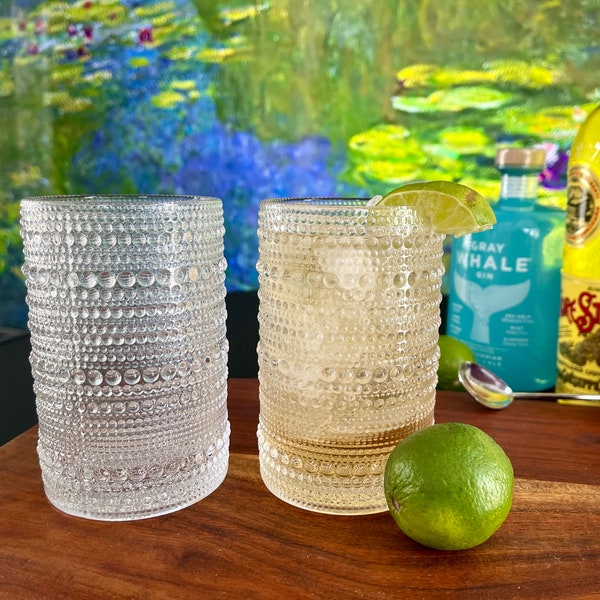 Vintage Style Set of 2 Clear Beaded Highball Tall 12 oz Whiskey Craft Cocktail Bar Glasses Mid Century Modern Nub Textured Modern