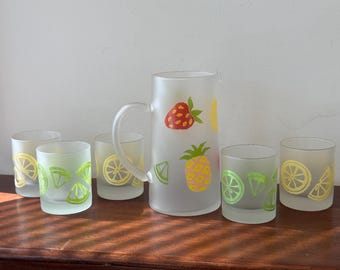 Vintage Summer 6 Peice Drinking Glasses & Matching Fruit Motif Pitcher Glassware Tiki Tropical Glass w/ Lemons Limes Frosted Tumblers